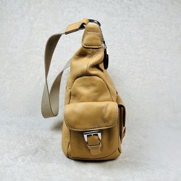 Vintage Tignanello Cargo Hobo Shoulder Bag Pebbled Leather Canvas Strap Tan Nude - Picture 6 of 15